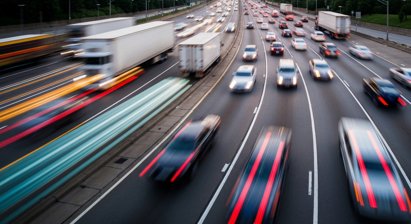 An abstract, sweeping color photograph depicting the dynamic motion of traffic on a highway, with cars and trucks blurred into vibrant streaks of color, conceptually representing the energy and movement of a major transportation artery.