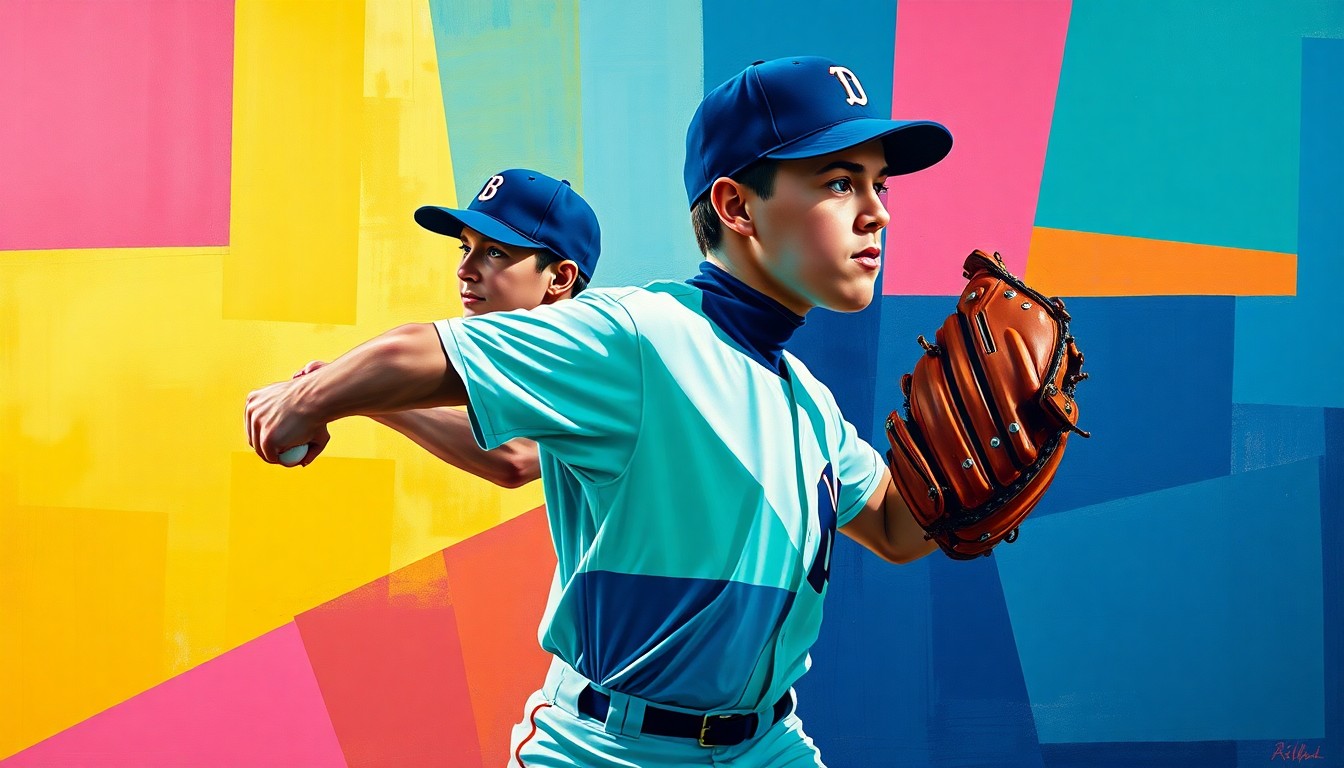 A fractured, geometric painting depicting a young baseball player's windup, pitch, and follow-through in a dynamic, overlapping composition of navy, emerald, and gold shapes, conveying the raw energy and promise of a rising talent.