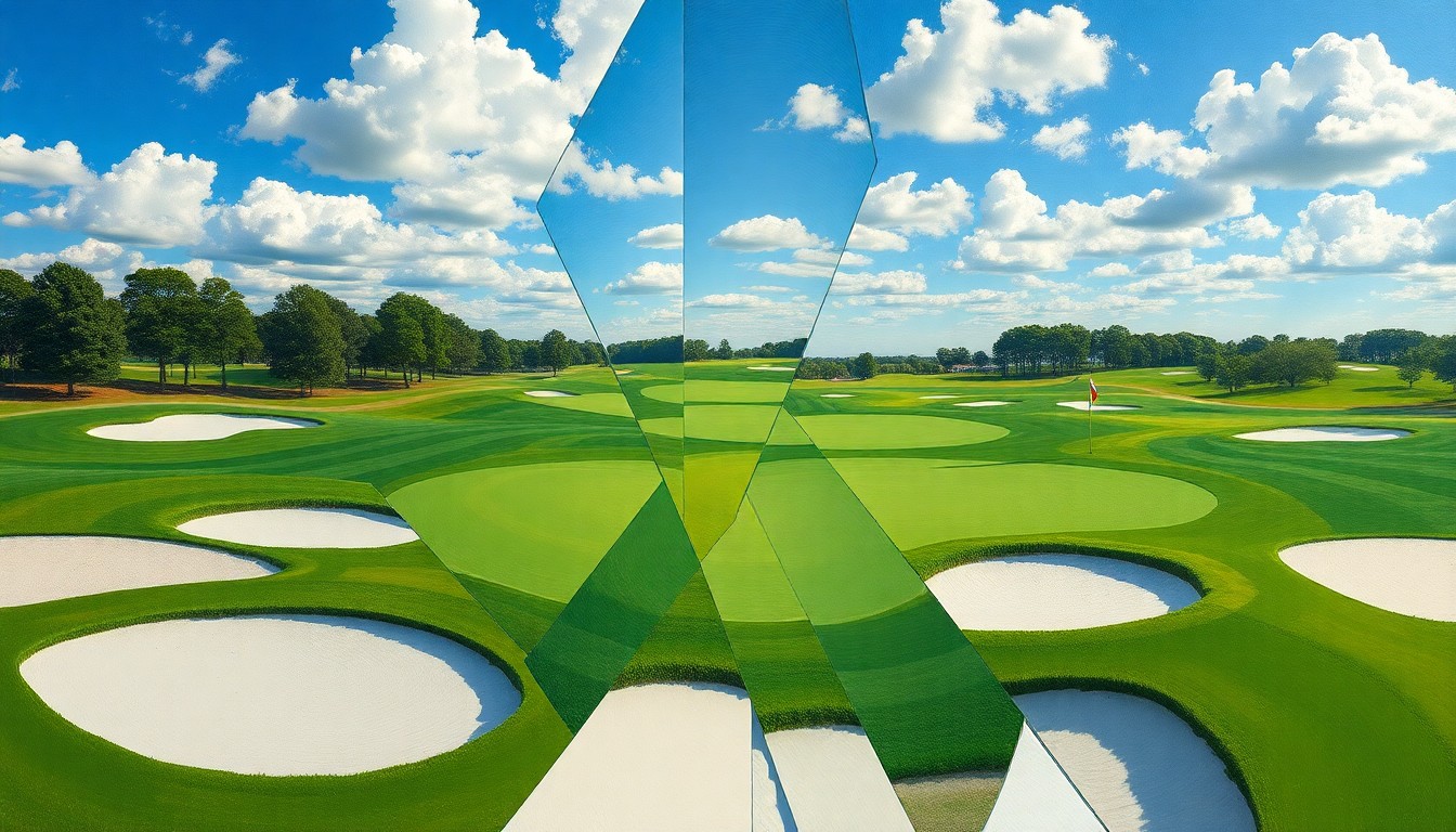 A cubist, geometric painting depicting the 2026 Masters golf tournament, with overlapping planes of green fairways, white sand traps, and blue sky, capturing the dynamic energy and visual complexity of the event.