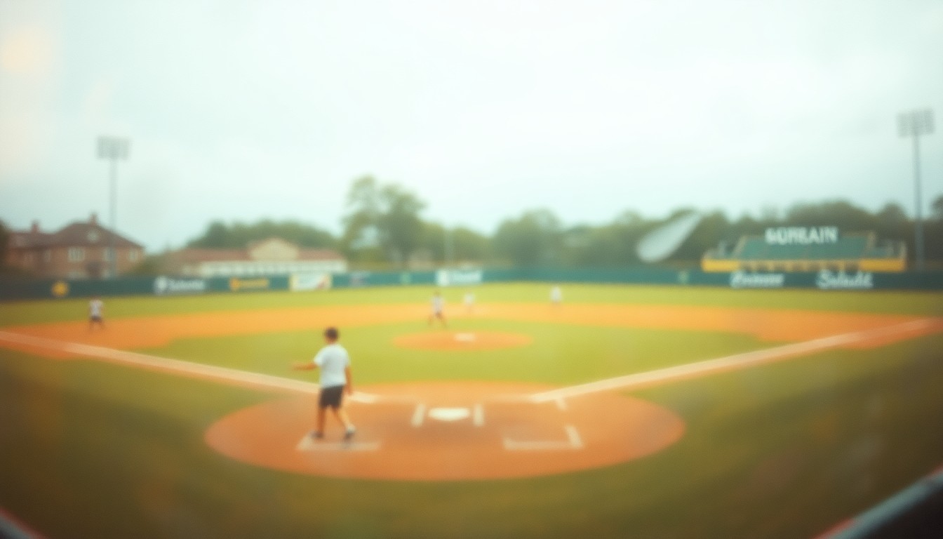 An impressionistic, out-of-focus scene of a blurred baseball diamond with children playing in the distance, conveying the nostalgic, community-focused atmosphere of a local youth sports facility.