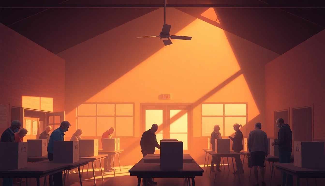A warm, cinematic painting depicting voters casting ballots inside a community recreation center, with soft lighting and deep shadows creating a nostalgic, contemplative mood.