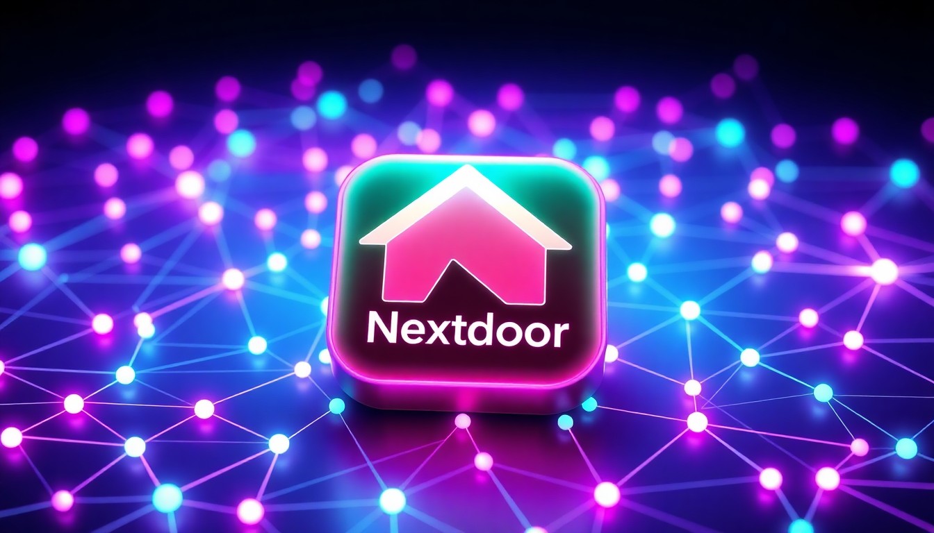 A glowing, futuristic 3D illustration of a Nextdoor app icon surrounded by a network of interconnected digital nodes and lines, representing the platform's hyperlocal social connections and digital infrastructure.