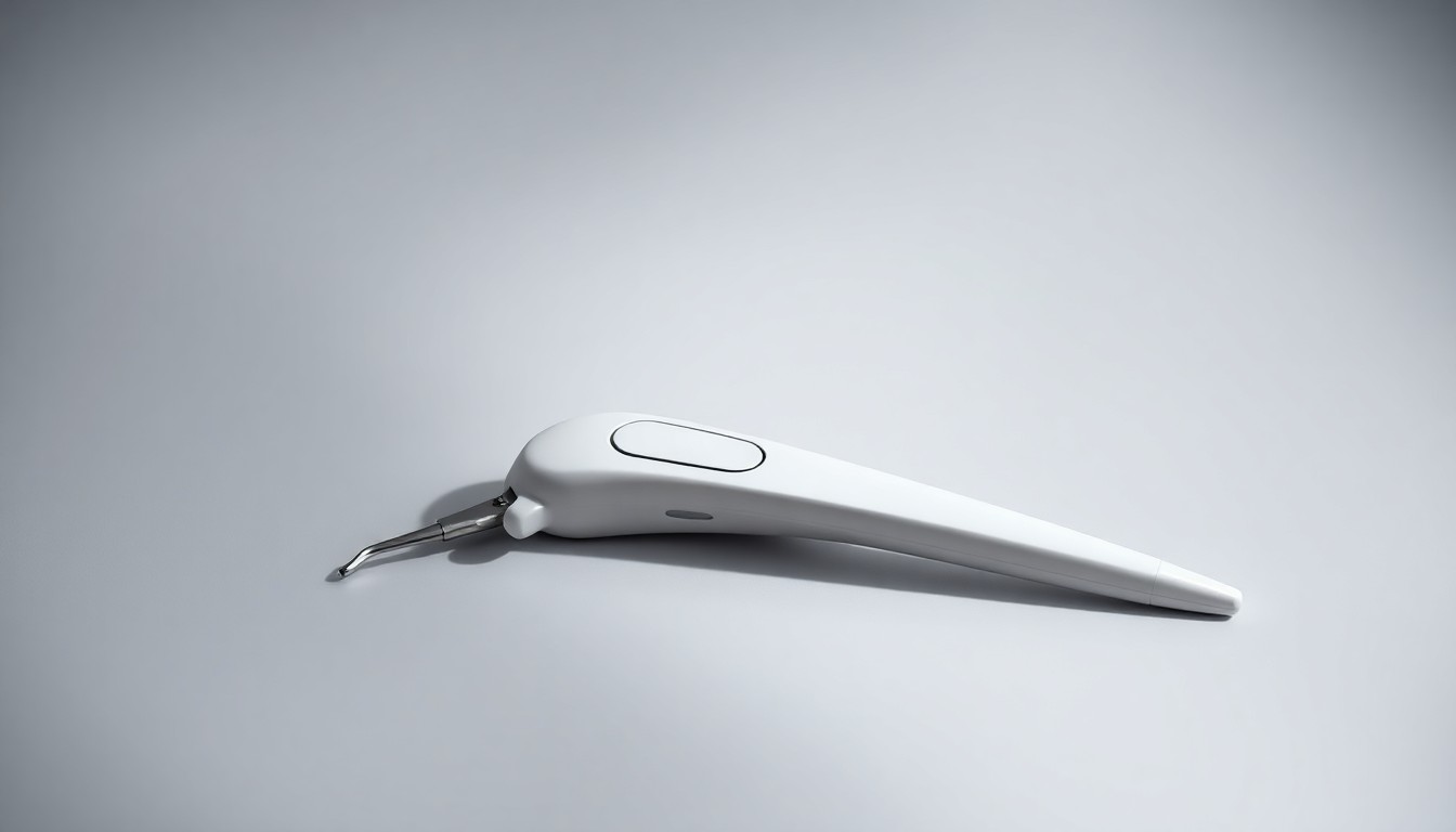 A photorealistic studio still-life photograph featuring a clean, modern medical instrument, such as a dermatology tool or device, arranged elegantly on a monochromatic seamless background, conceptually representing the precision and expertise of the dermatology field.