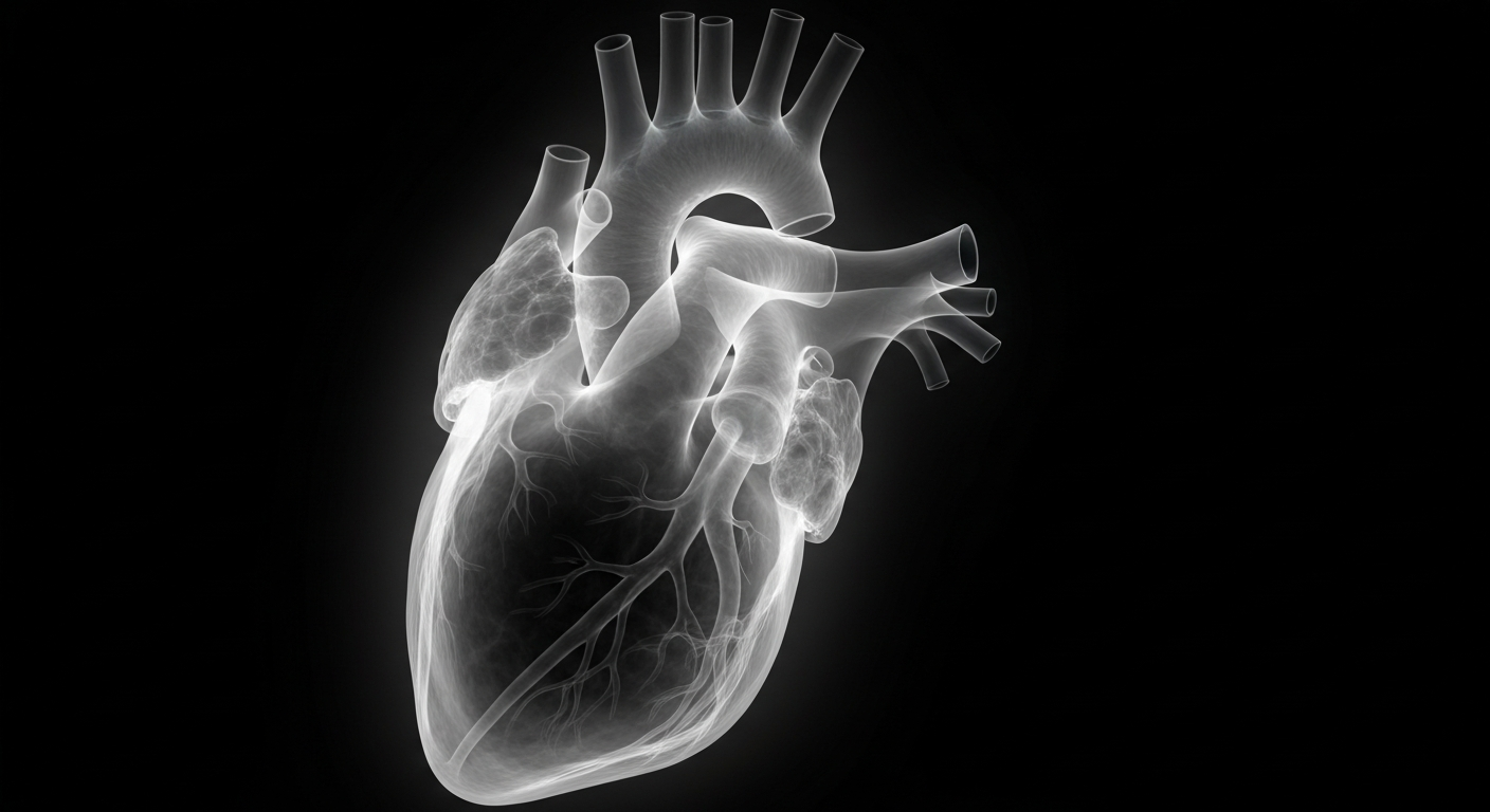 An extreme close-up X-ray image of a damaged human heart, glowing ghostly against a dark background, conceptually representing the medical complications that led to a patient's death at a university hospital.