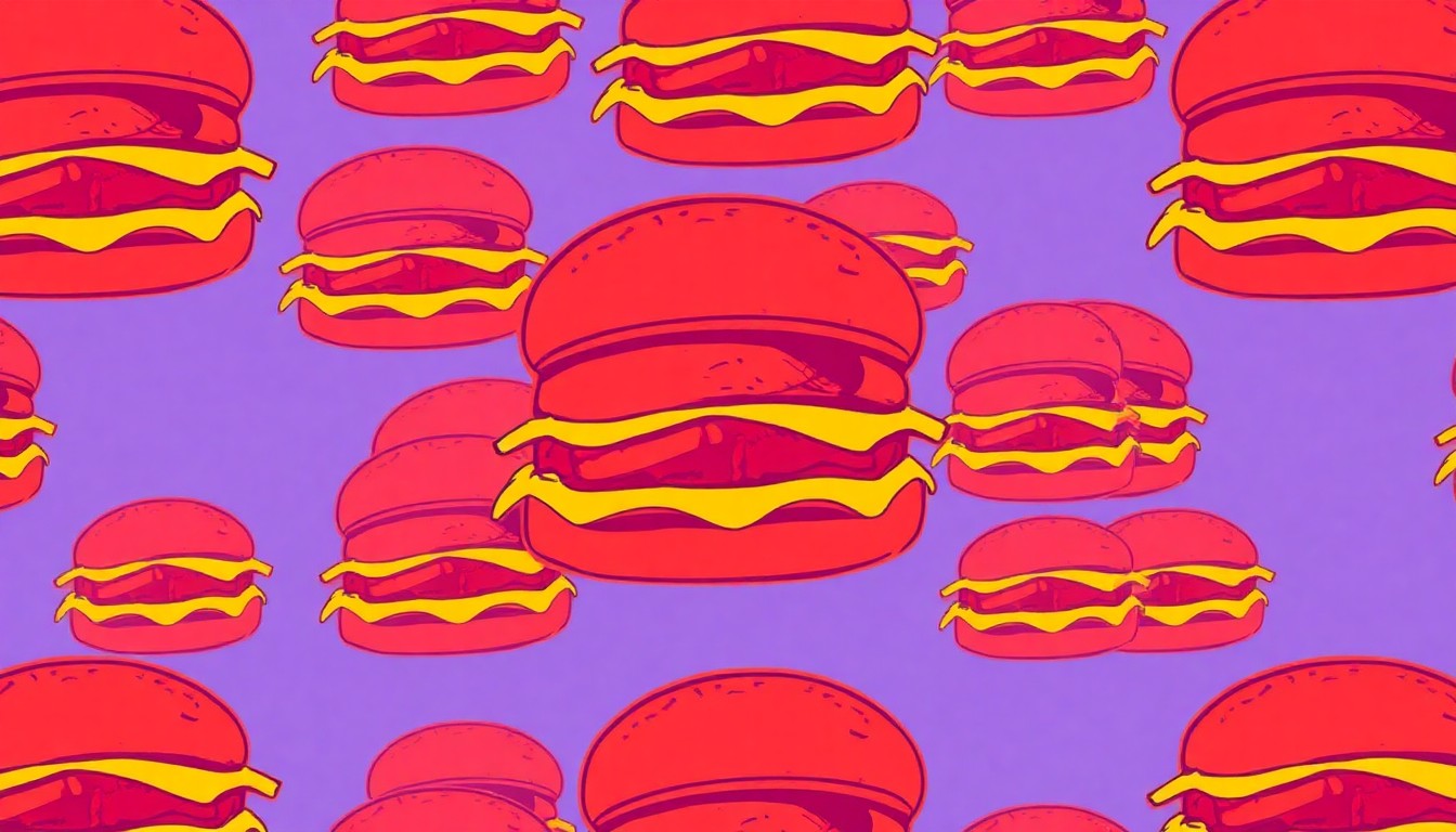 A highly stylized, pop art-inspired illustration featuring a repeating grid of a single iconic Detroit restaurant dish, such as a cheeseburger or Detroit-style pizza, rendered in bold, neon colors and heavy black outlines to capture the energy and excitement of the city's culinary renaissance.