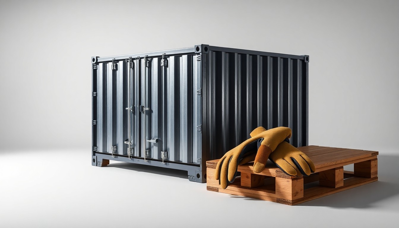 A high-end, photorealistic studio still-life photograph featuring a polished metal shipping container, a wooden shipping pallet, and a pair of work gloves arranged elegantly on a clean, monochromatic background, symbolizing the abstract concepts of global supply chains and freight transportation.