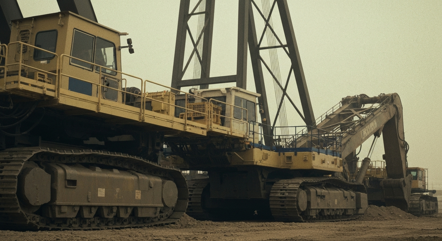 An extreme close-up of various mining equipment and machinery, including gears, levers, and heavy metal components, conveying the industrial scale and complexity of modern gold extraction.