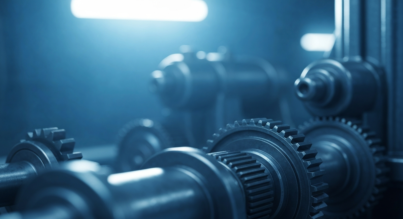 An extreme close-up of industrial banking equipment and gears, conveying the tangible financial infrastructure and institutional backing behind Netflix's growth as a streaming giant.