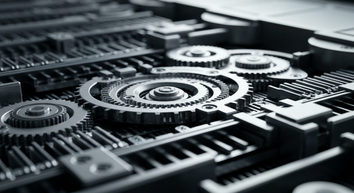 A highly detailed, macro-level view of the interlocking gears, circuits, and mechanical components that make up a sophisticated financial data processing system, conveying a sense of the technological infrastructure that powers modern investment management.