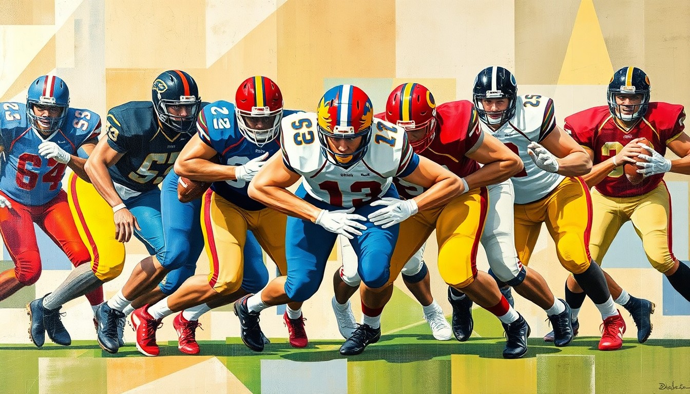 A fractured, multi-perspective painting depicting a high school football defensive line, with the players' bodies and movements broken down into sharp, overlapping geometric shapes and planes in the team's official colors.
