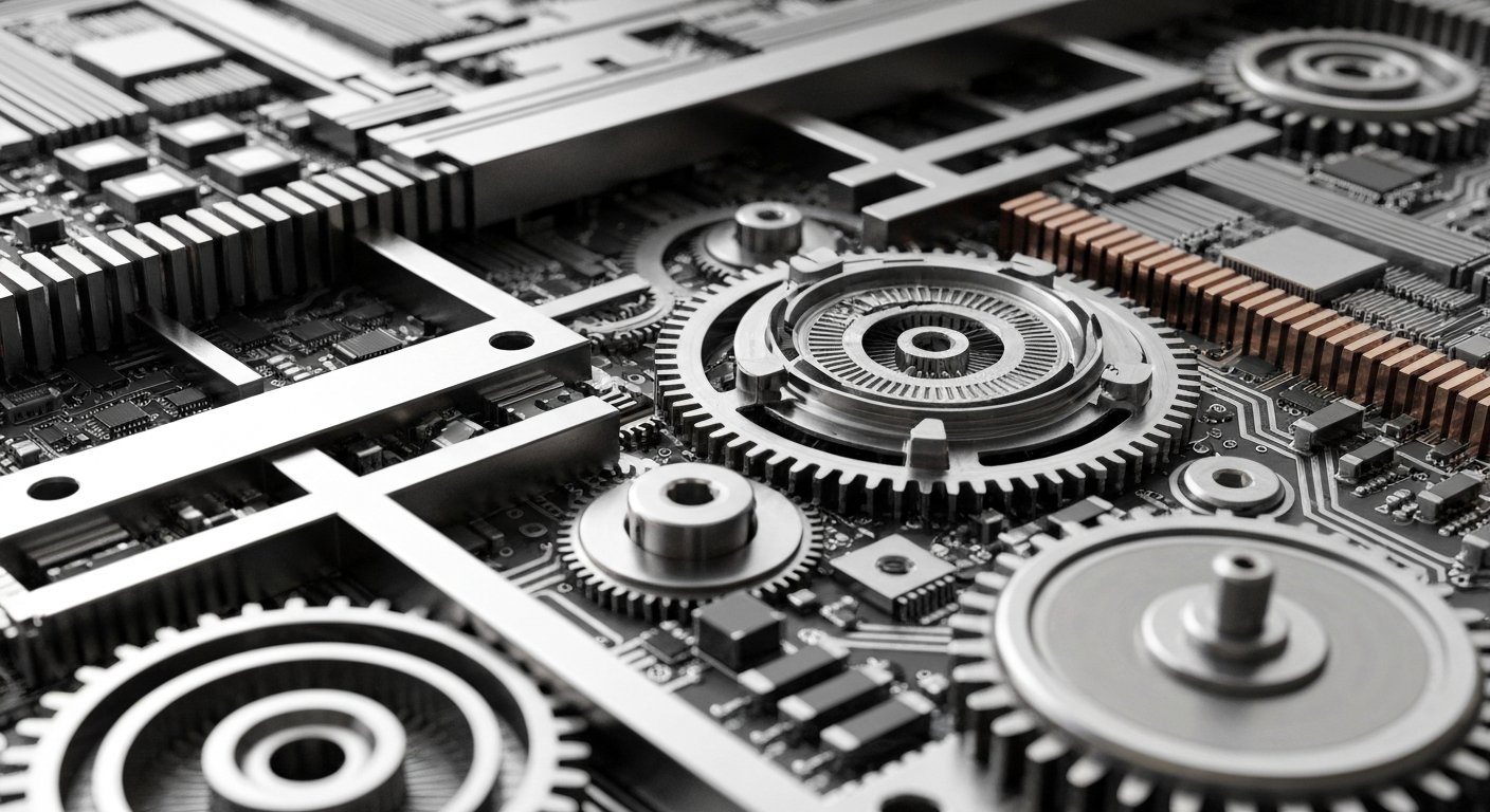 An extreme close-up of highly detailed, interlocking metal gears and circuit boards in shades of silver, steel, and copper, conceptually representing the complex internal mechanics of a high-performance semiconductor.