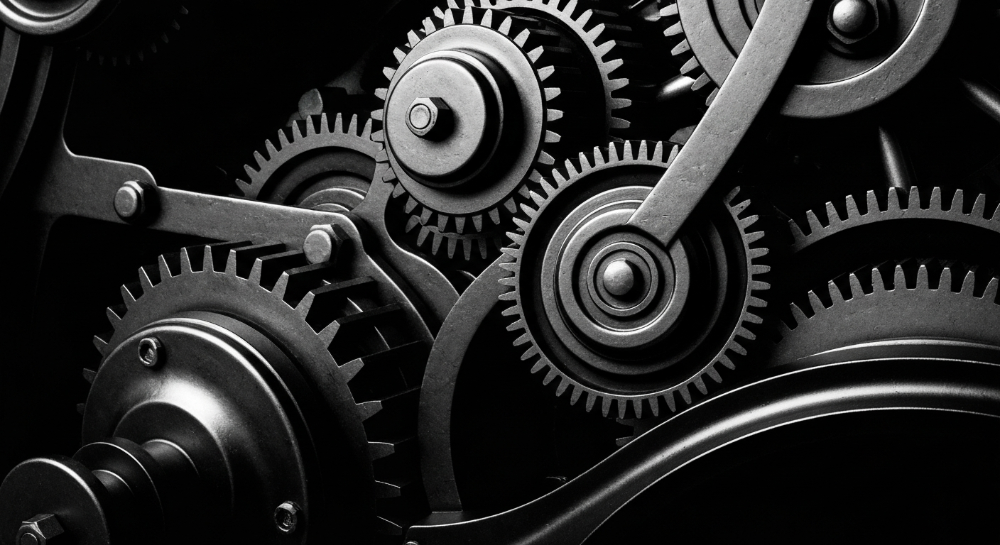 A high-contrast, cinematic close-up of the complex gears and mechanisms of a powerful banking or financial institution machine, representing the secure infrastructure and stored wealth of the financial sector.