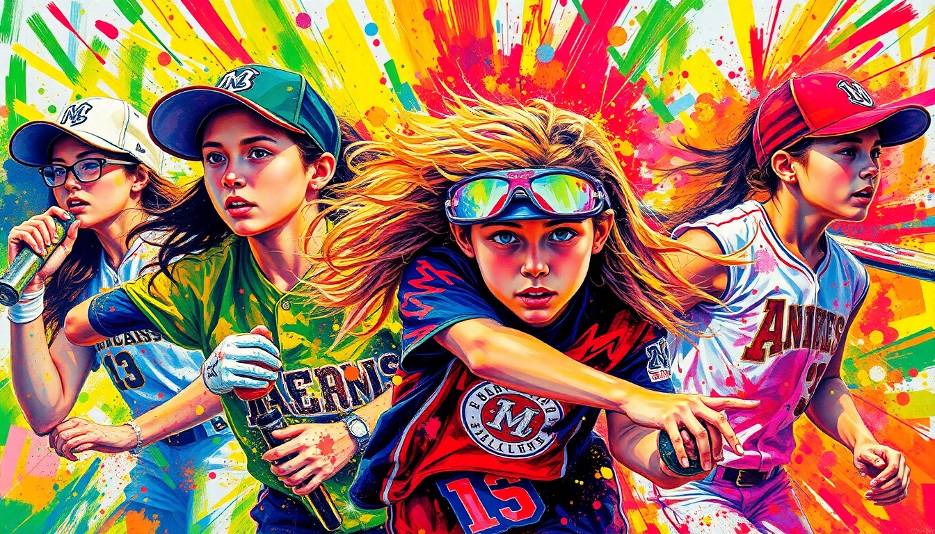 An abstract, energetic painting in neon colors depicting the dynamic motion and energy of a girls' high school softball game, with players' forms and equipment blending into vibrant brushstrokes.