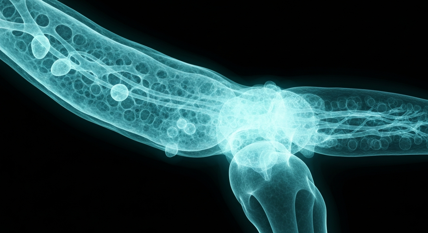 An extreme close-up X-ray photograph revealing the intricate internal structures of a human pancreas, glowing with a faint blue-green bioluminescence and conceptually representing the complex biological processes involved in GLP-1 and peptide therapies.