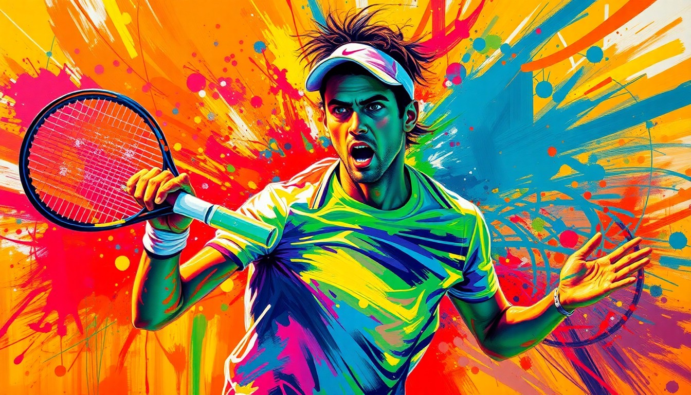 An abstract, energetic painting featuring bold brushstrokes in neon colors, conceptually representing the dynamic movement and raw power of a professional tennis player.