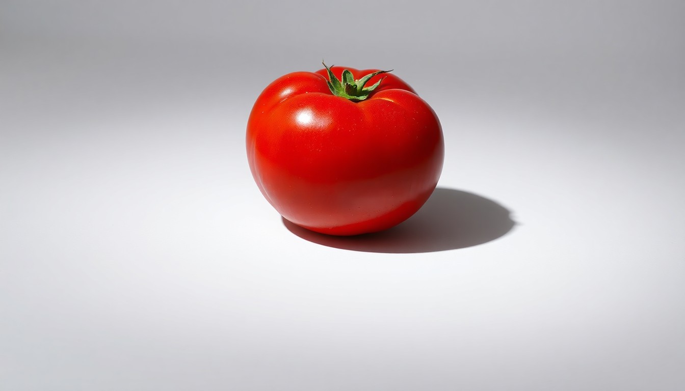 A close-up, high-contrast photograph of a single, pristine Bushel Boy tomato resting on a clean, white background, conceptually representing the loss of this regional brand.