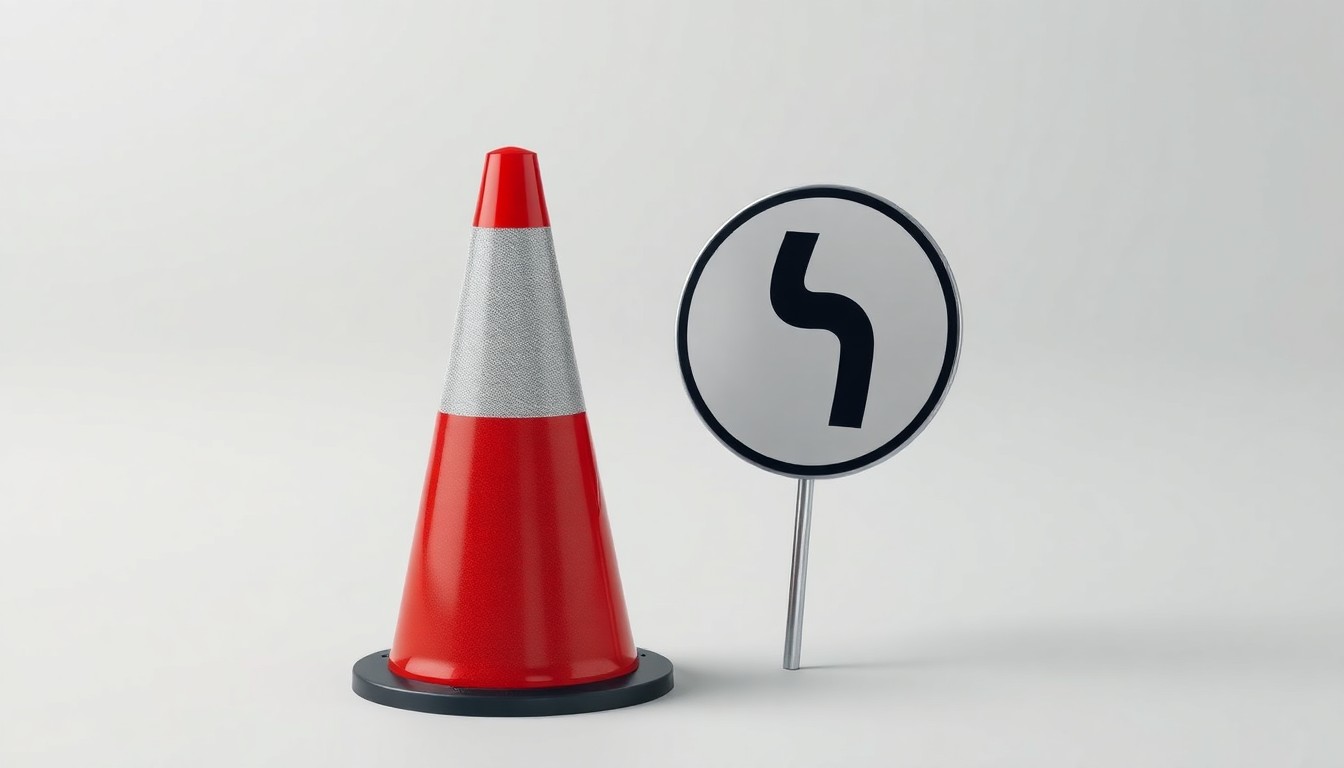 A minimalist studio still life photograph featuring a polished chrome traffic cone and a gleaming metal road sign, symbolizing the proposed safety upgrades for the US-460 corridor in Kentucky.
