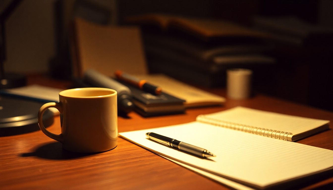 A soft, out-of-focus photograph in warm tones depicting the desk of a journalist, with a coffee mug, pen, and notebook visible, conceptually representing the lifelong dedication of columnist Brent Batten to his craft.