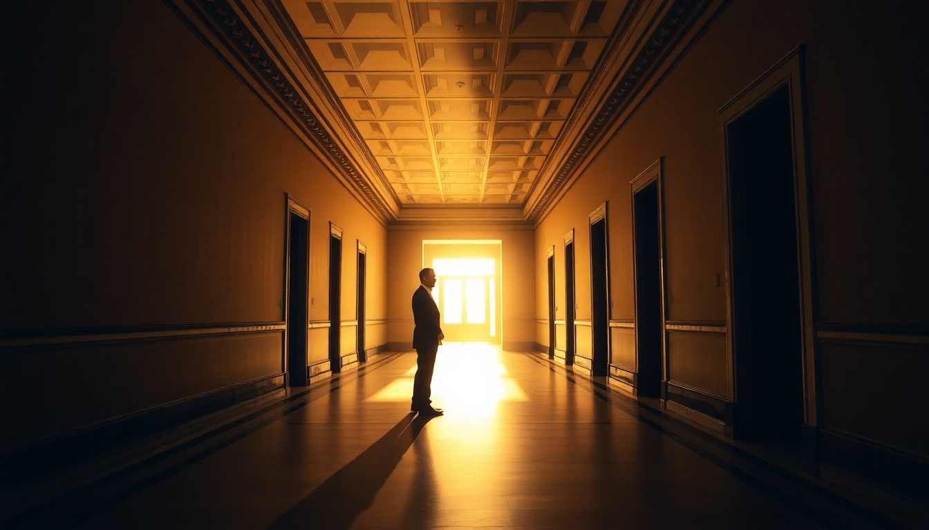 A dimly lit, cinematic painting of an empty government building hallway, with a lone politician standing in the center, the space bathed in warm, diagonal sunlight and deep shadows, conveying a sense of political isolation and changing norms.
