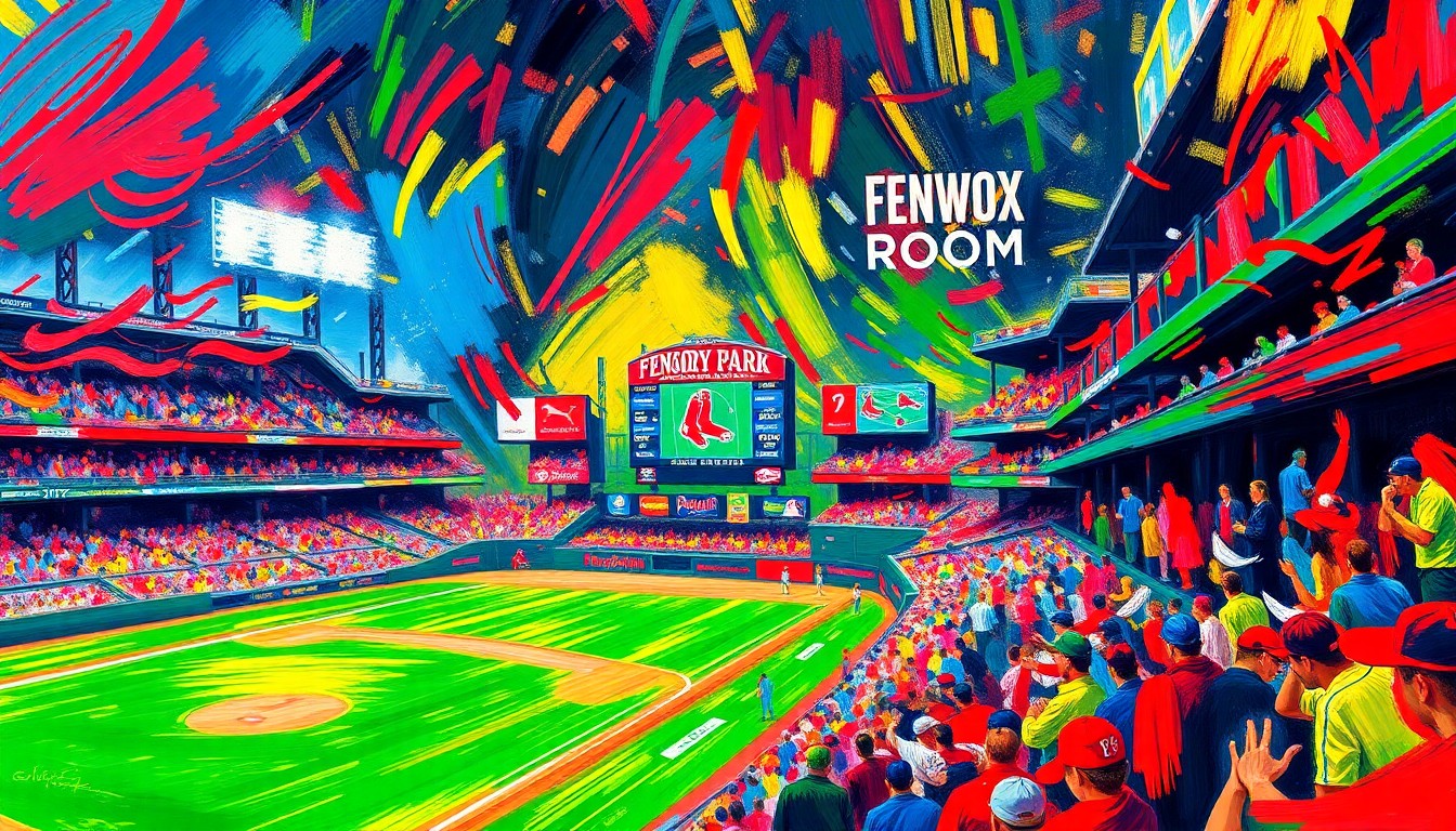 An abstract, expressionist painting in vibrant neon colors, capturing the energy and excitement of a baseball game at Fenway Park, with a calming, serene space representing the new Sensory Room.