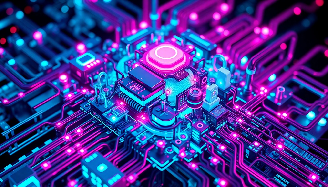 A highly detailed, glowing 3D macro illustration of a complex AI model visualization, with neon cyan and magenta lights illuminating the intricate cybernetic hardware and infrastructure, conceptually representing the advanced, technical, and responsible nature of ModelOp's AI governance platform.