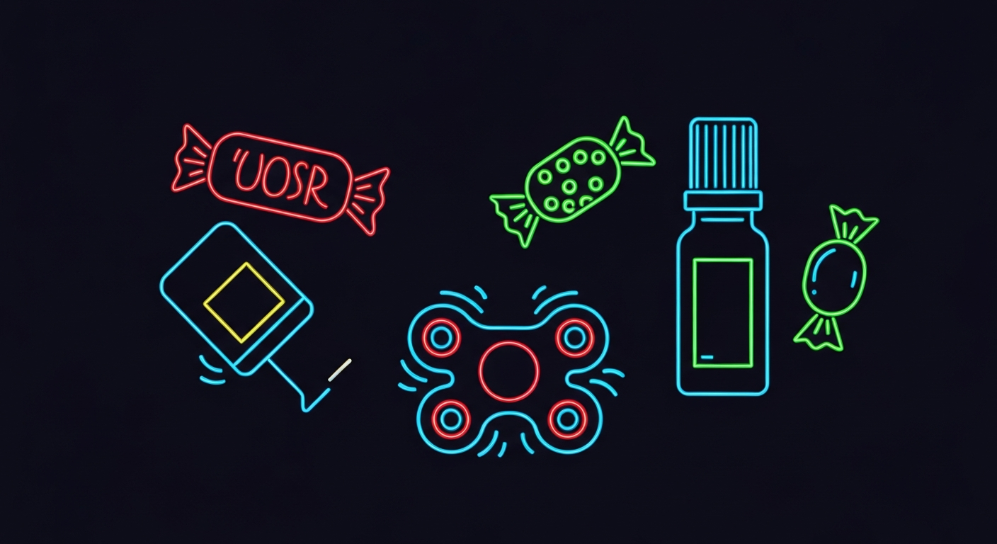 A collection of anxiety-relieving objects like a fidget spinner, essential oil bottle, and sour candy are defined by glowing, vibrant neon lines against a dark background, conceptually representing the sensory tools used in 'anxiety bags' to manage panic and stress.