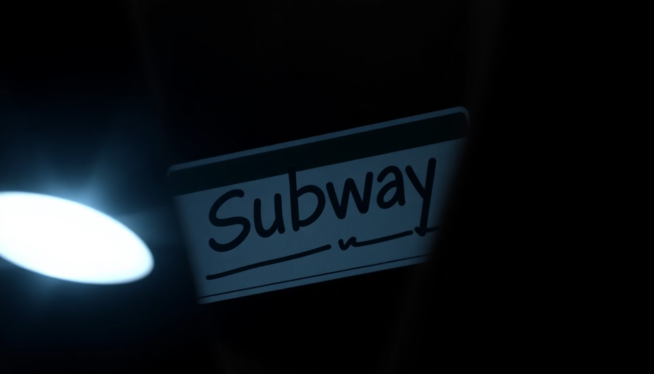 An extreme close-up of a Subway employee's name tag or work-related object, dramatically lit by a harsh flash against a dark background, conveying the gritty, investigative nature of this incident.