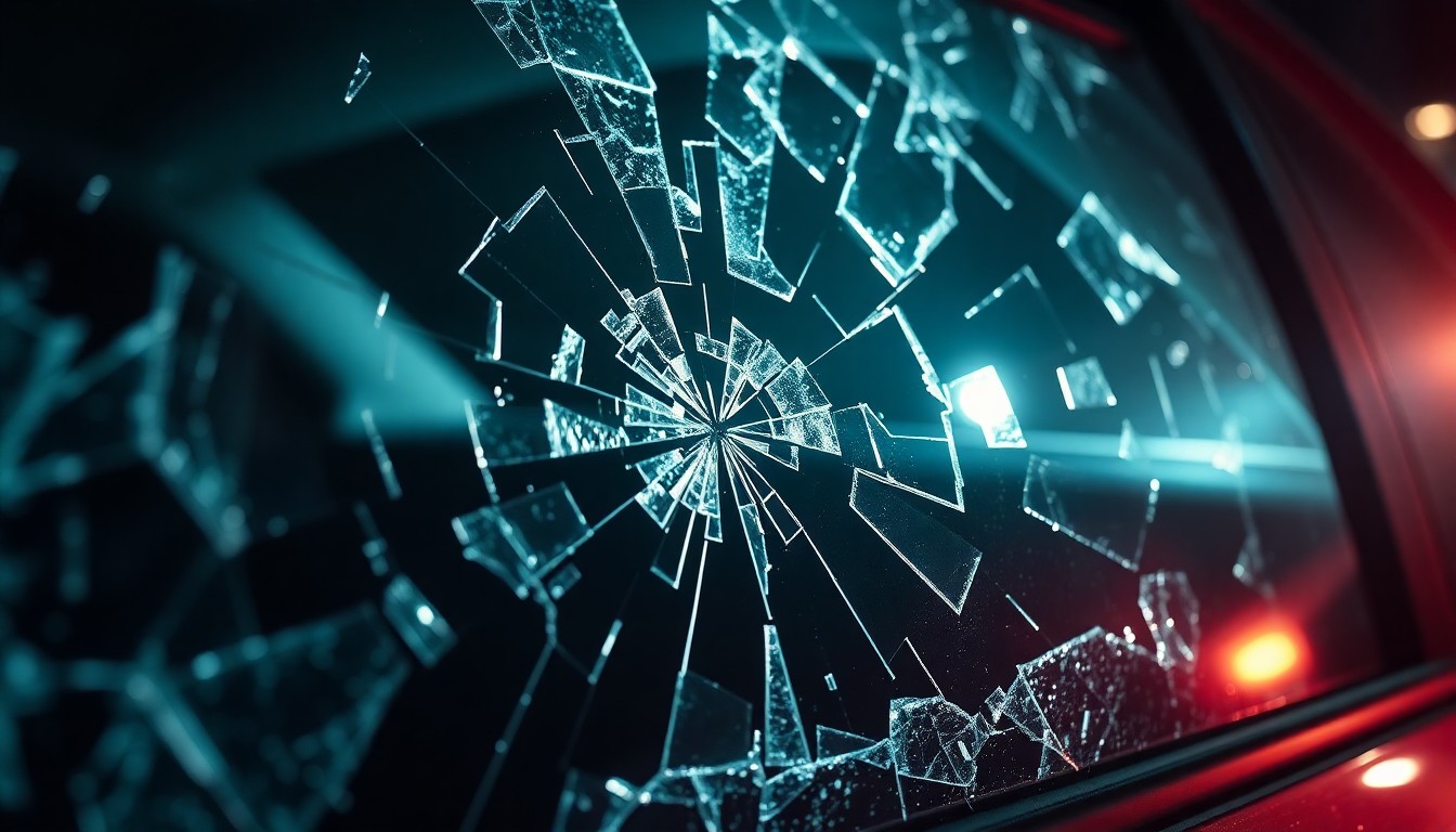 An extreme close-up photograph of shattered car window glass reflecting the harsh light of a camera flash, conceptually illustrating the aftermath of a violent vehicular crime.