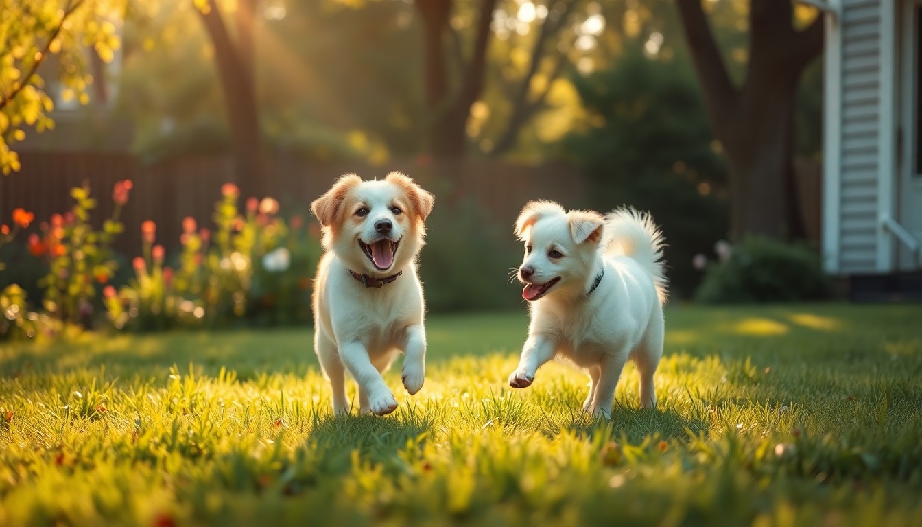 A softly focused, atmospheric photograph of two dogs playing together in a lush, green yard, with sunlight creating a warm, dreamy effect through the trees.