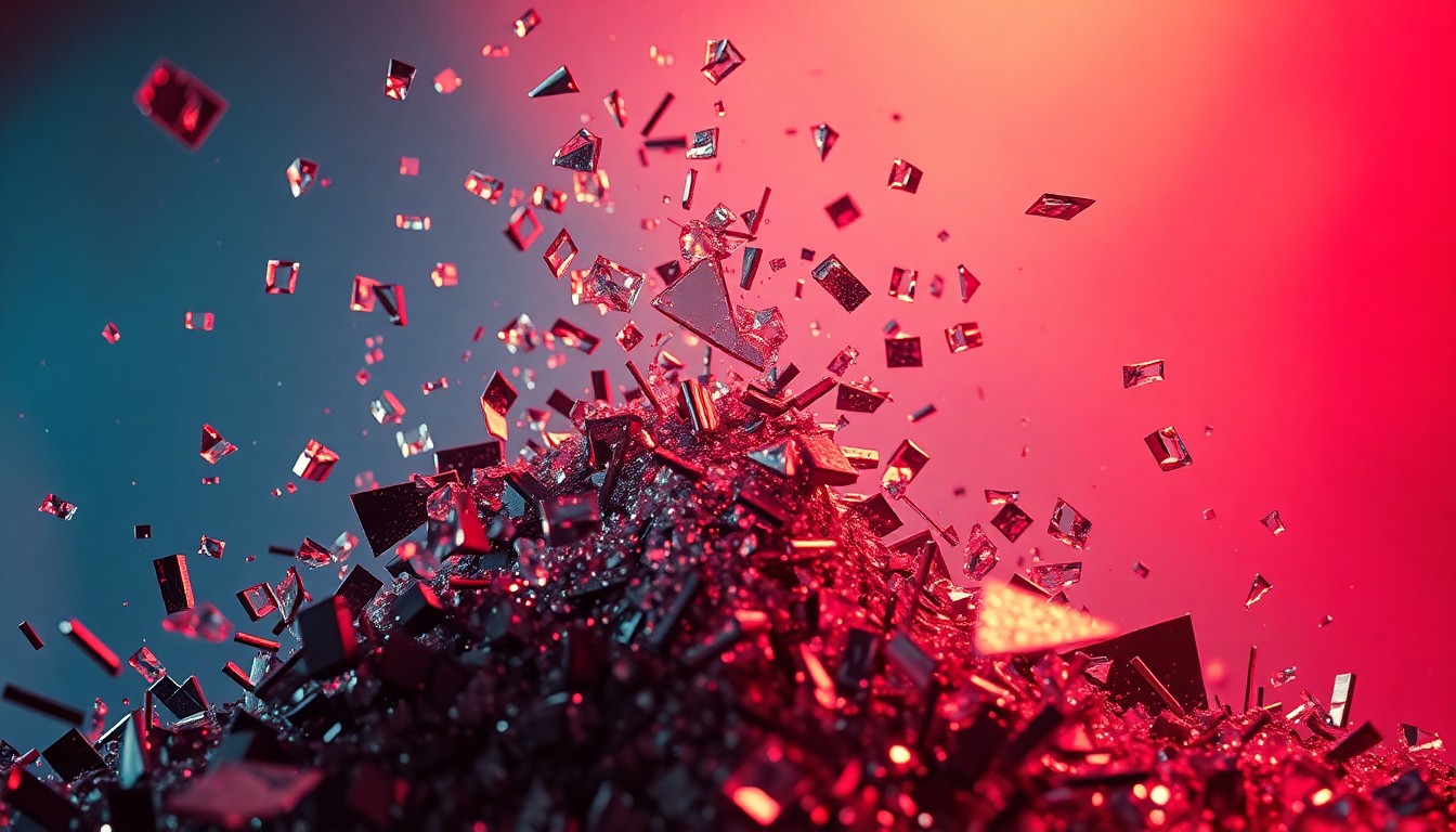 An abstract close-up image of shattered glass and metal fragments, captured in dramatic, high-contrast studio lighting to convey the emotional intensity of the conflict between the two rappers.
