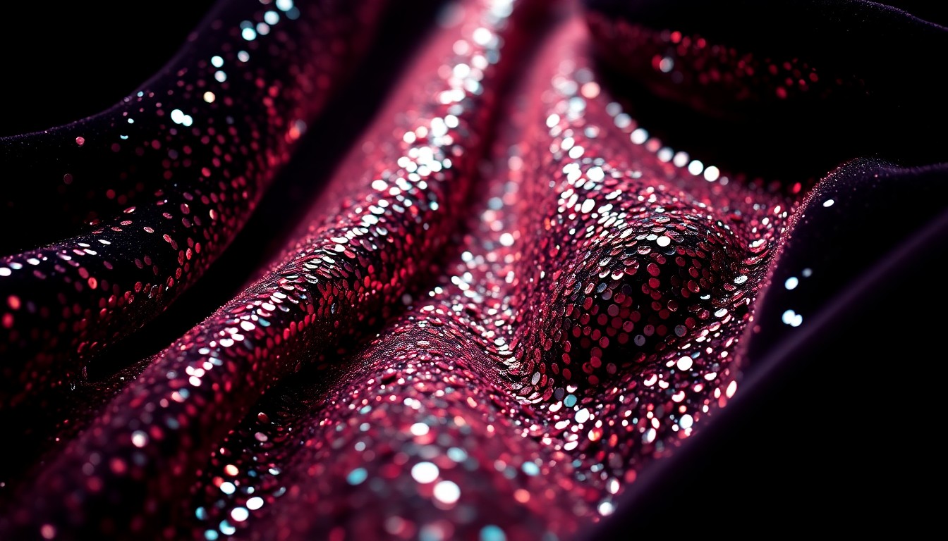 An extreme close-up photograph of shimmering, glittering sequins and plush, luxurious velvet textures, captured in dramatic high-contrast studio lighting to create a conceptual, high-fashion aesthetic representing the glamour and style of the Cécred launch event.