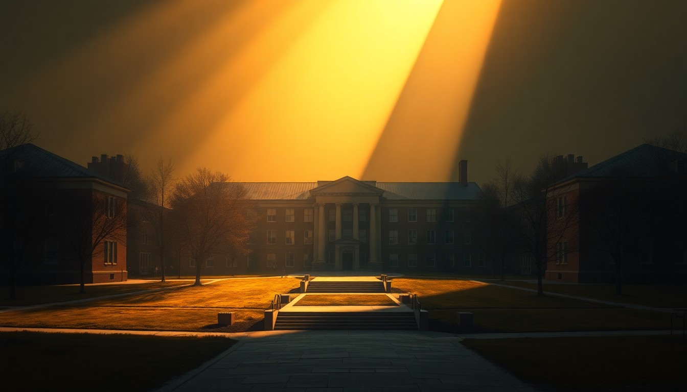 A serene, cinematic painting of a college campus building in warm, golden light, with deep shadows suggesting an underlying tension and uncertainty about the future of diversity efforts in higher education.