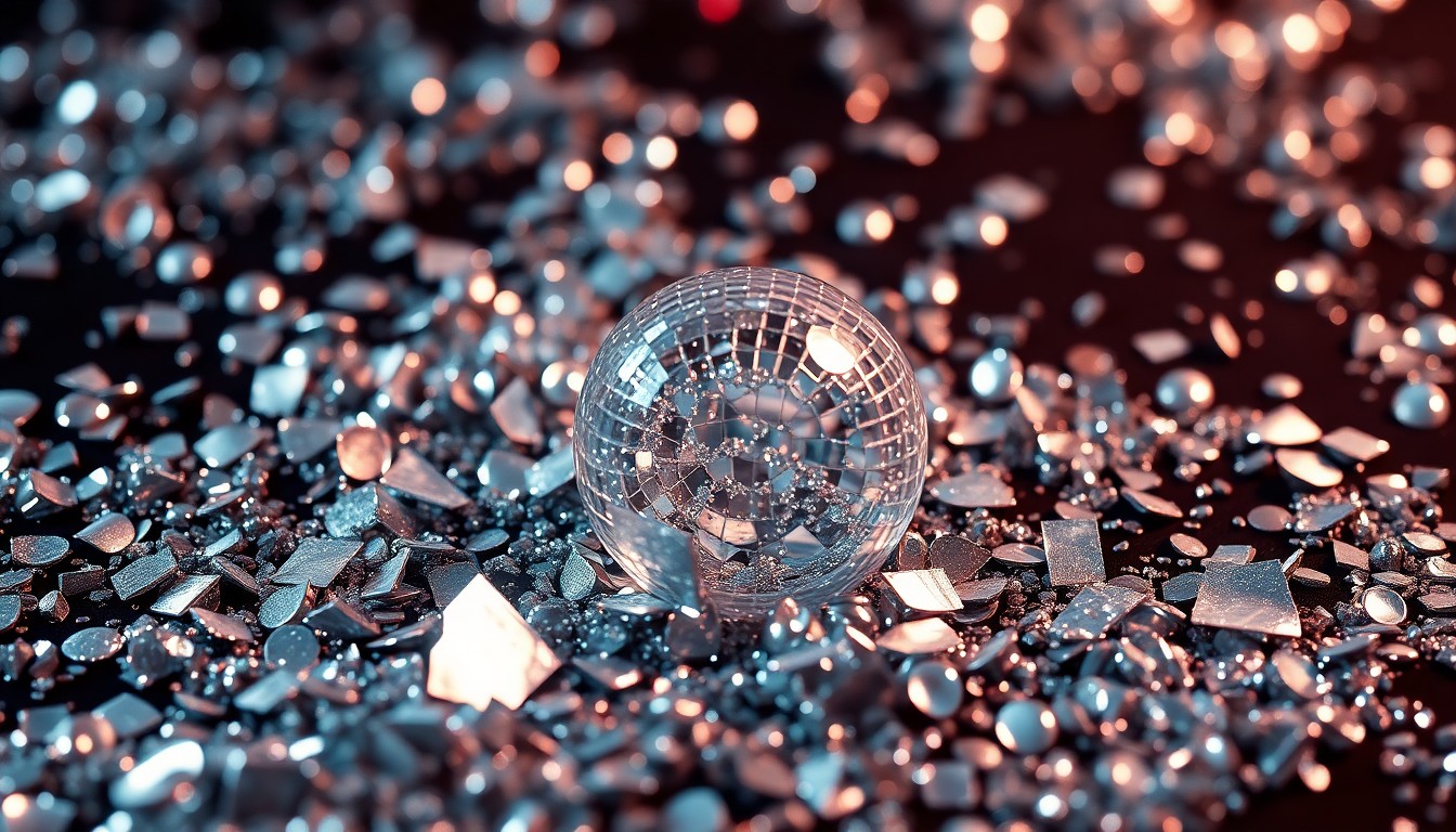An abstract close-up photograph featuring a textured pattern of glittering sequins and shattered glass, captured in dramatic high-contrast studio lighting to create a high-fashion, glamorous aesthetic.