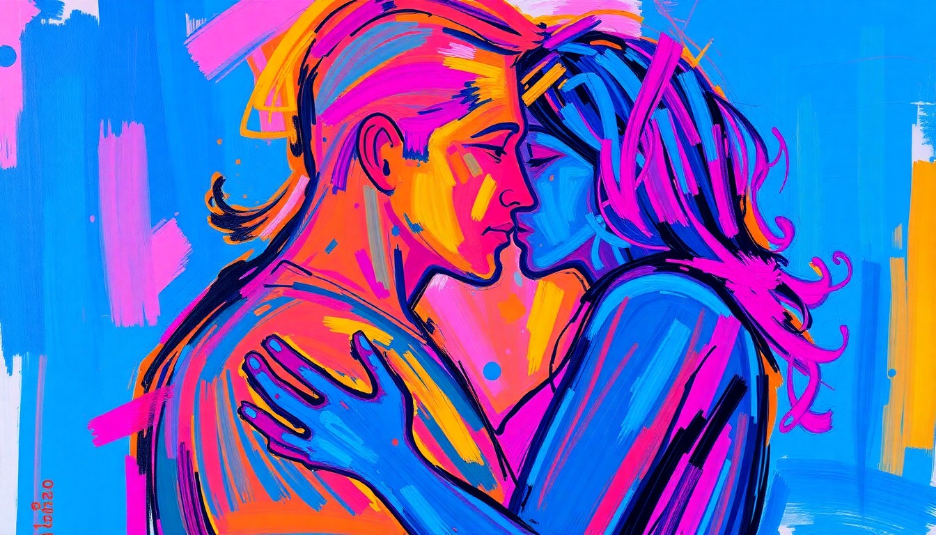 An abstract, expressionistic painting in vibrant neon colors depicting two figures in an intimate embrace, their identities obscured by rapid brushstrokes.