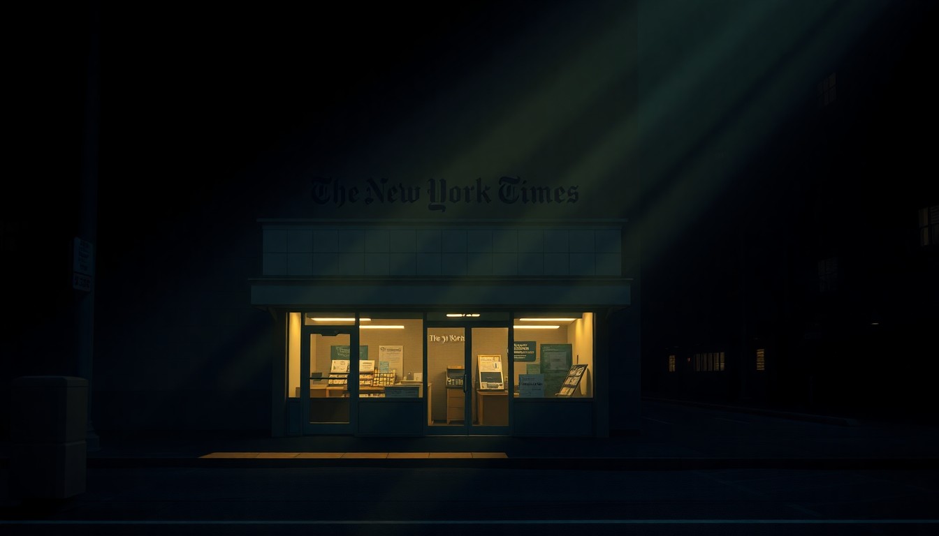 A dimly lit, cinematic painting of an empty New York Times newsroom at night, with warm light streaming in through the windows and deep shadows across the desks and chairs, conveying a sense of solitude and contemplation around the newspaper's reporting practices.