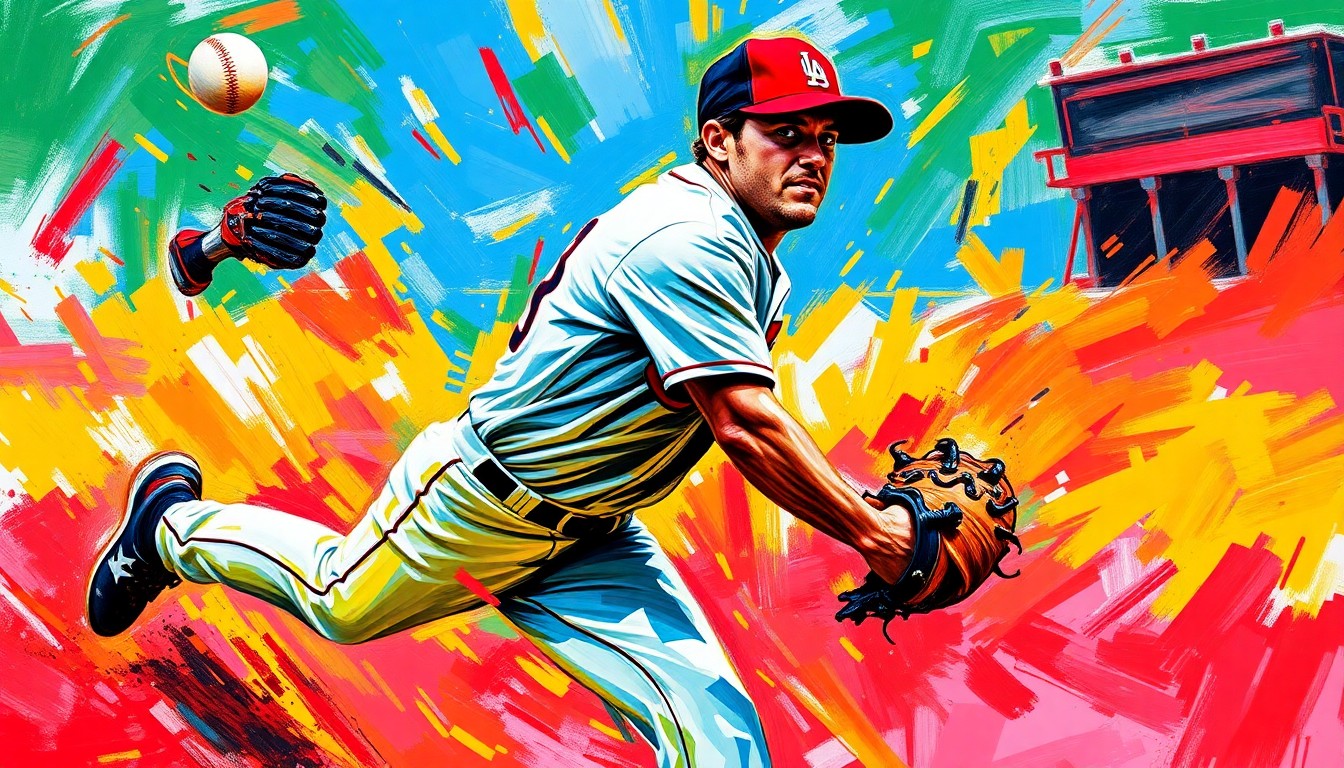 An abstract, expressionist painting in vibrant neon colors depicting the frenzied motion and raw energy of a baseball pitcher making multiple errors on a single play, the figures and details dissolving into unrecognizable splatters of paint.