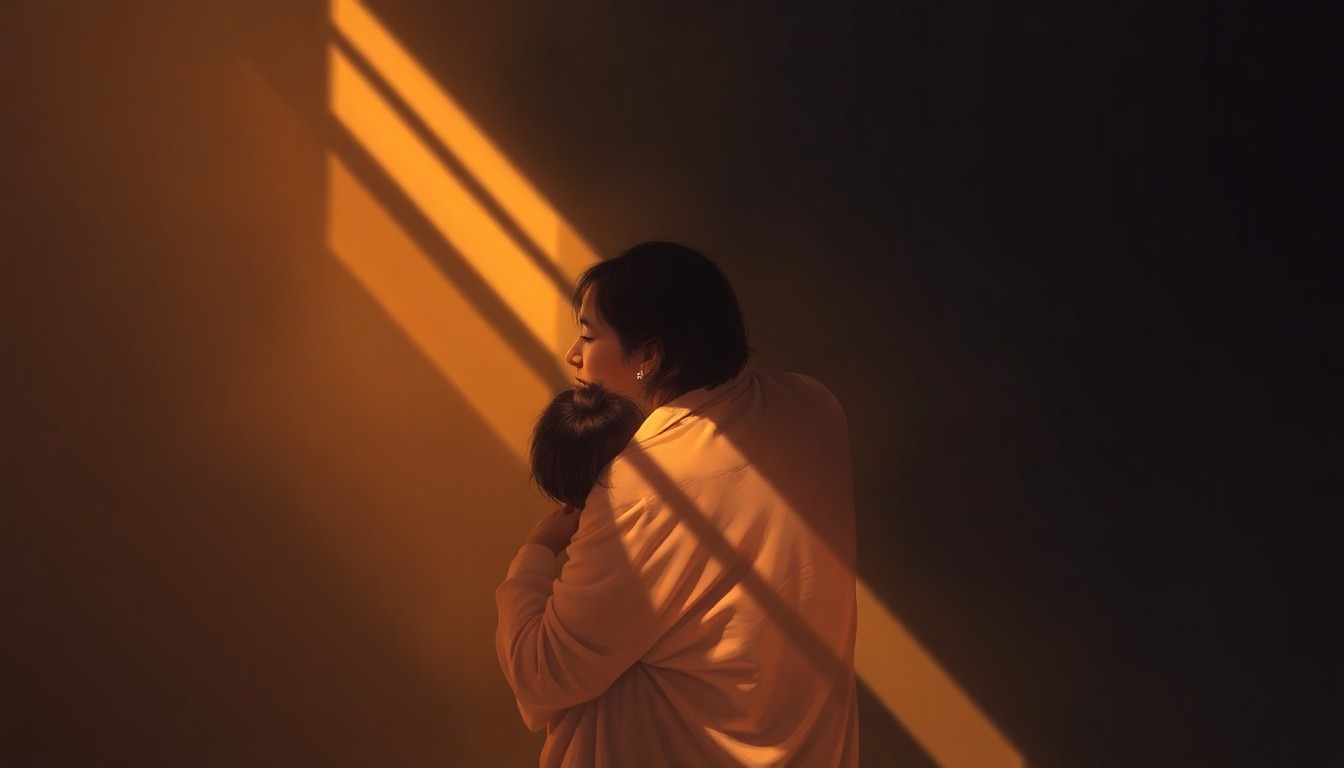 A warm, cinematic painting depicting a mother and daughter embracing in a dimly lit room, the mother's face filled with relief and the daughter's with joy, capturing the emotional reunion after the mother's release from ICE custody.