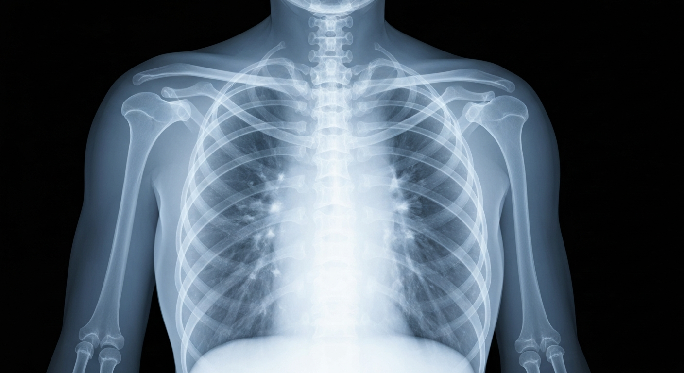 A ghostly, translucent X-ray image revealing the internal structures of Dick Vitale's chest, conveying the clinical yet hopeful nature of his ongoing health journey.