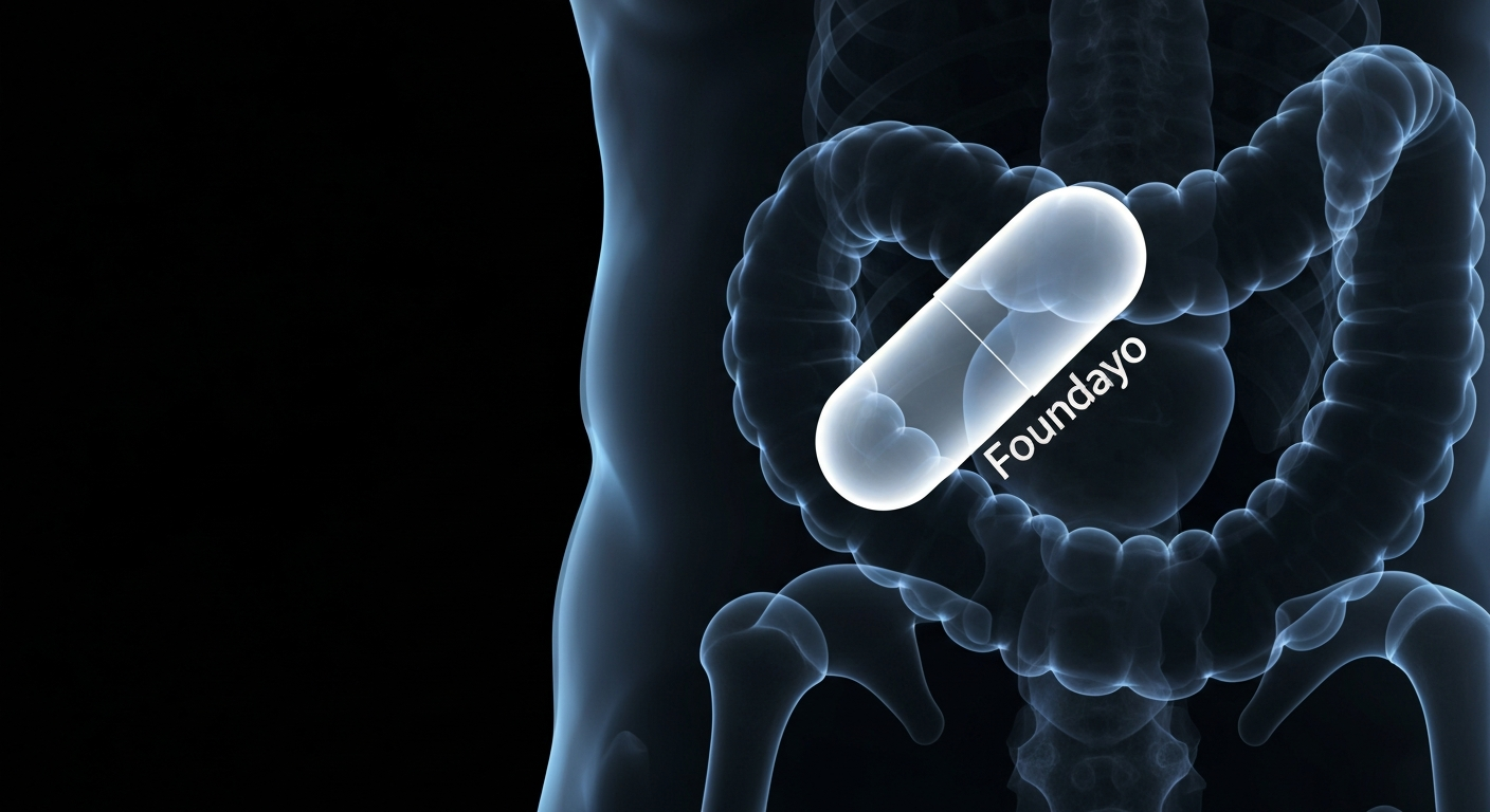 An X-ray-style image revealing the internal structure of a human digestive system, with a glowing, ghostly capsule representing the new GLP-1 medication Foundayo.