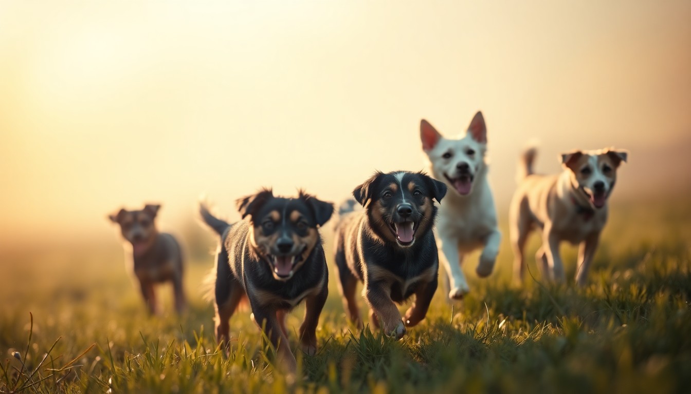 An abstract, impressionistic photograph of several dogs playing in a grassy field, with soft, out-of-focus pools of warm light and color creating a calming, dreamlike scene.