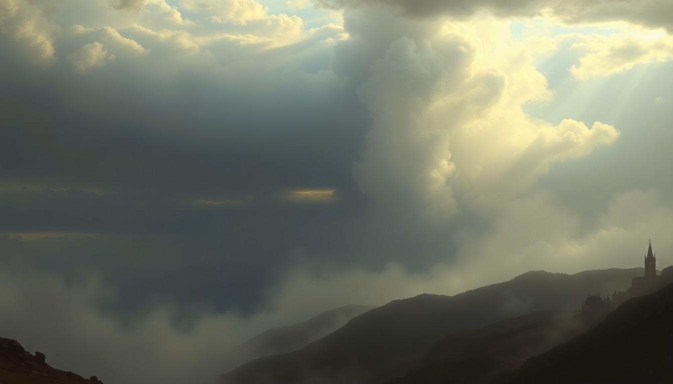 A vast, hazy landscape painting with a dramatic, stormy sky in the background, conveying the overwhelming power of the approaching weather system.