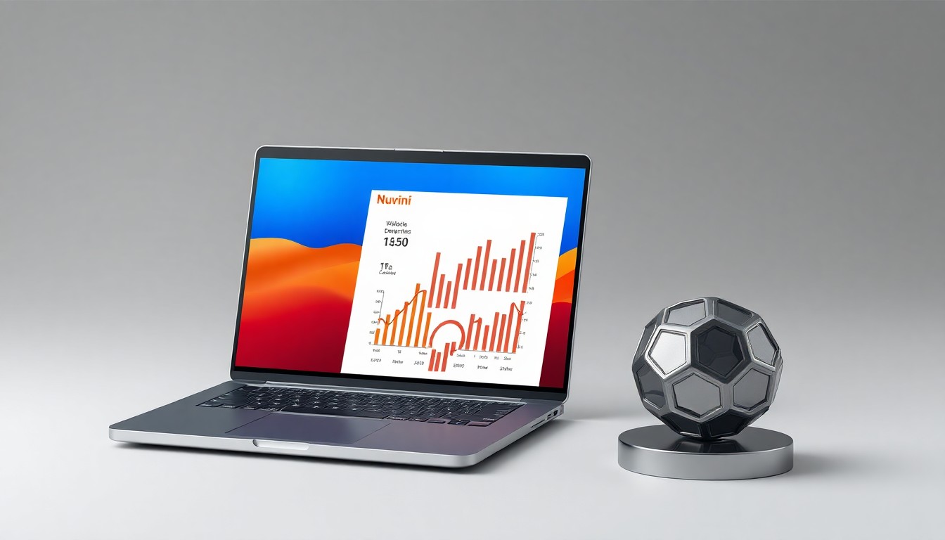 A minimalist, high-end studio still life photograph featuring a sleek laptop, a stylized 3D data visualization model, and a premium metal paperweight, symbolizing the integration of Nuvini's SaaS, AI, and enterprise IT services offerings.