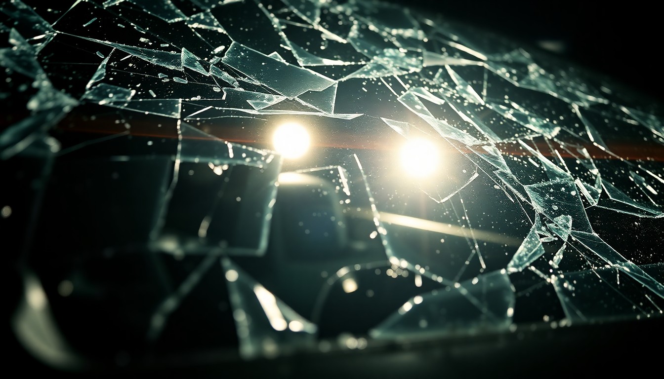 An extreme close-up of a shattered car windshield reflecting the harsh glare of a camera flash, conceptually illustrating the aftermath of a drunk driving crash.