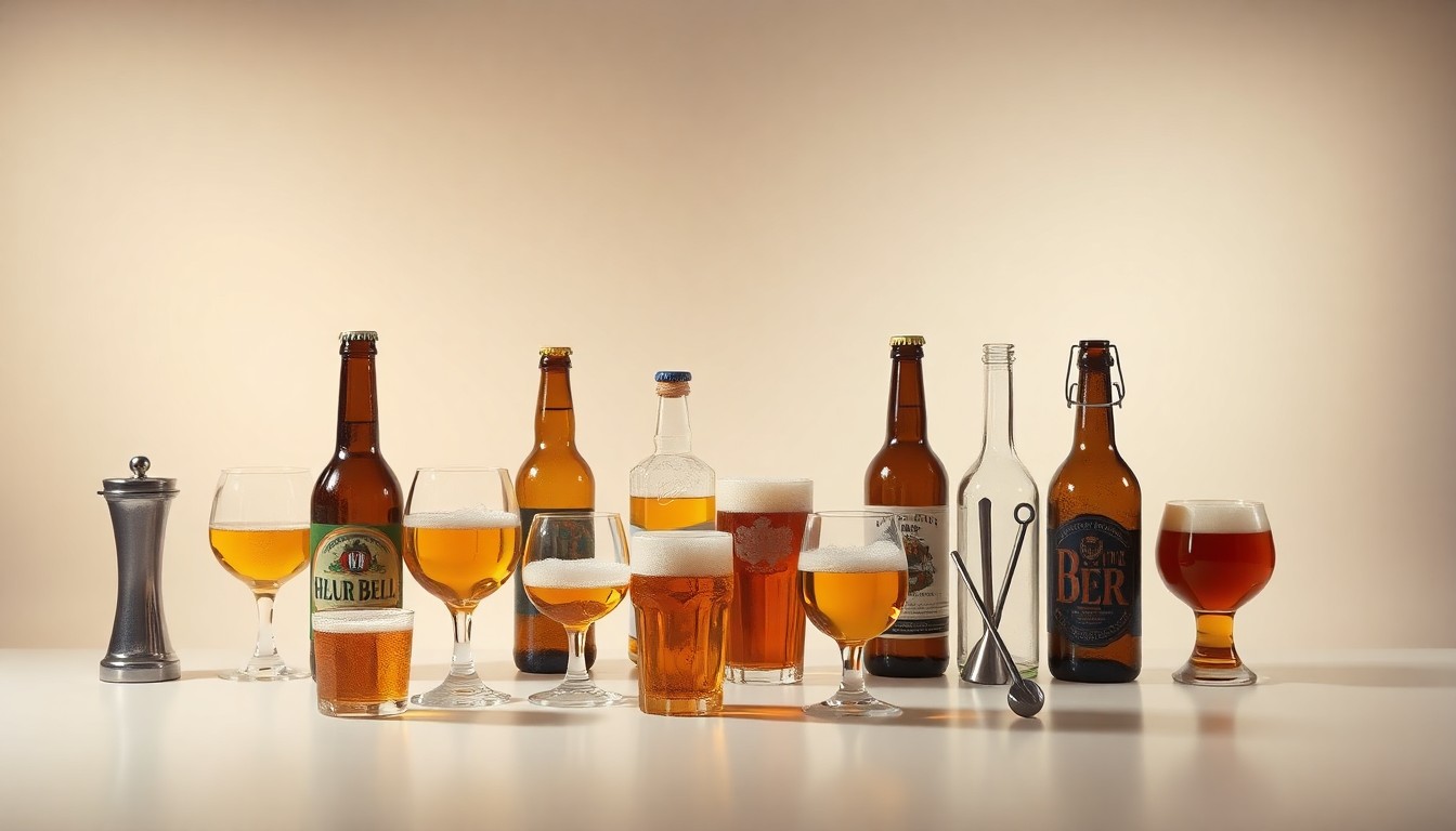A photorealistic studio still life featuring an arrangement of high-end beer bottles, glasses, and bar tools on a clean, monochromatic background, conveying the evolving nature of the craft beer market.