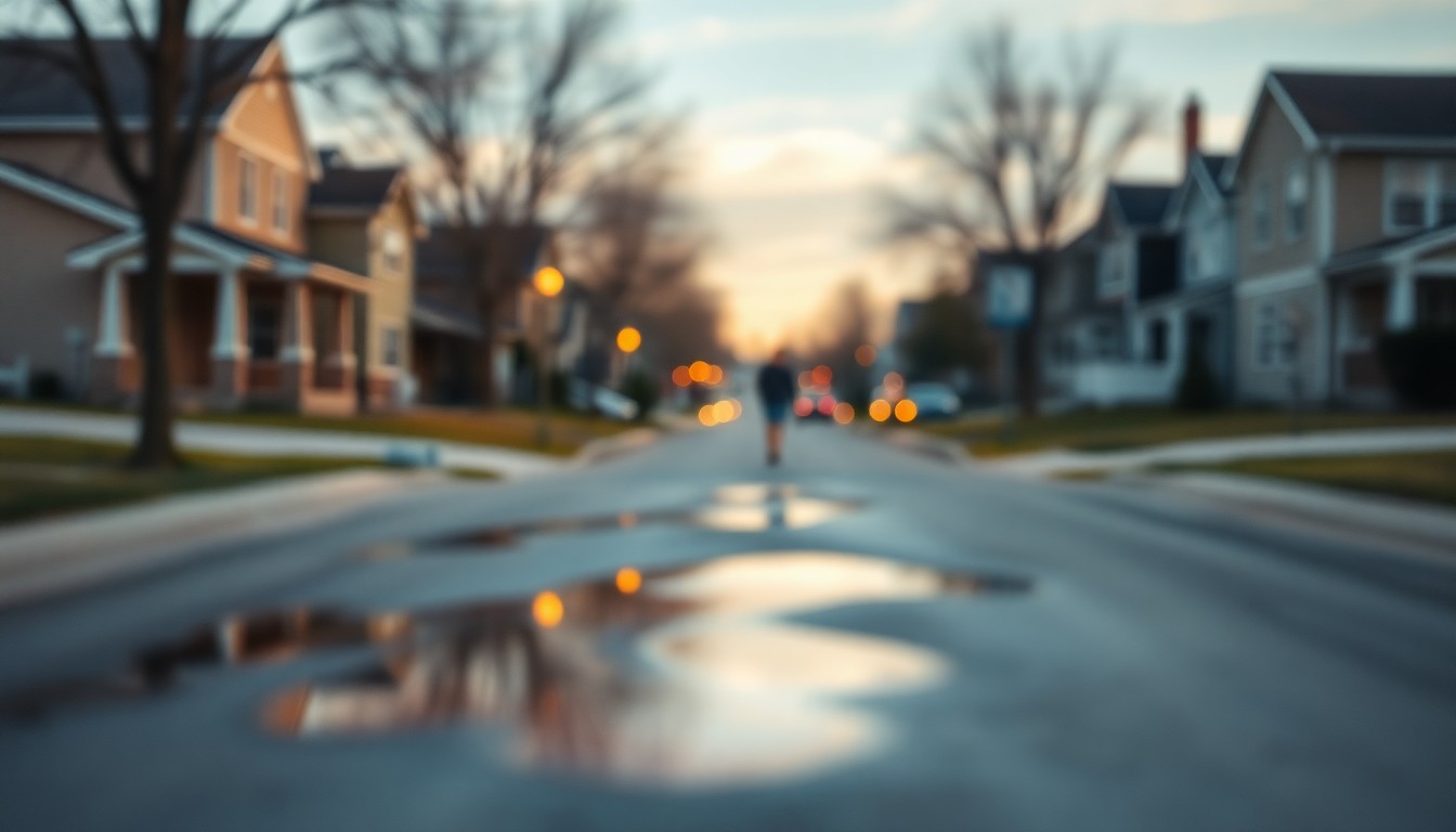 An abstract, impressionistic photograph of a residential street in soft focus, with warm pools of light and color representing the city's groundwater management challenges.