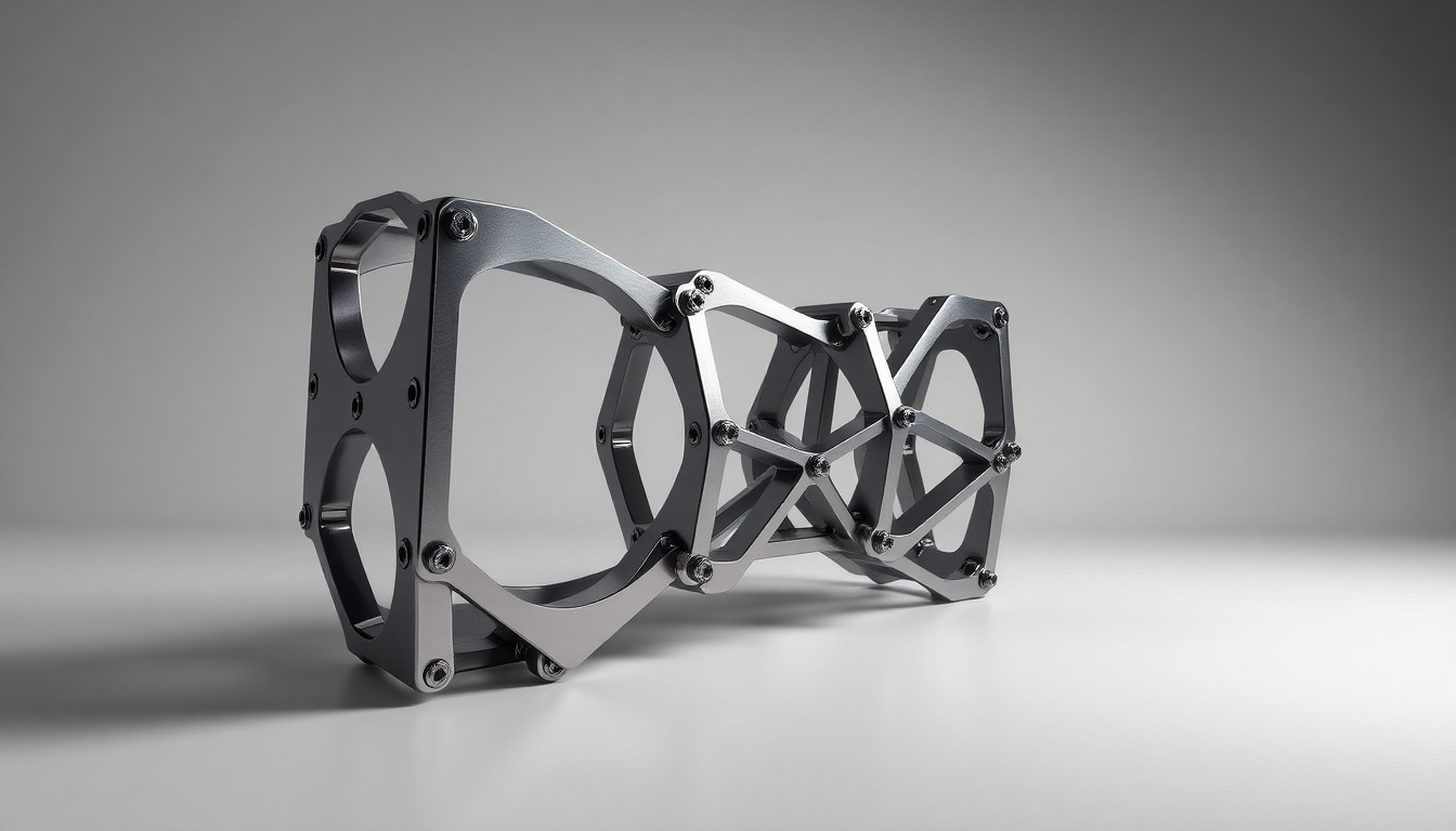 A photorealistic studio still-life photograph featuring a polished, geometric metal sculpture on a clean, monochromatic background, conveying a sense of precision and industrial sophistication.