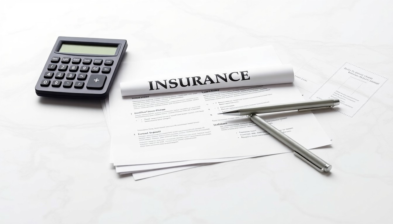 A high-end, photorealistic studio still-life photograph featuring a stack of insurance documents, a calculator, and a pen arranged elegantly on a clean, white seamless background, conceptually representing the intersection of data-driven decision making and risk management in the insurance industry.