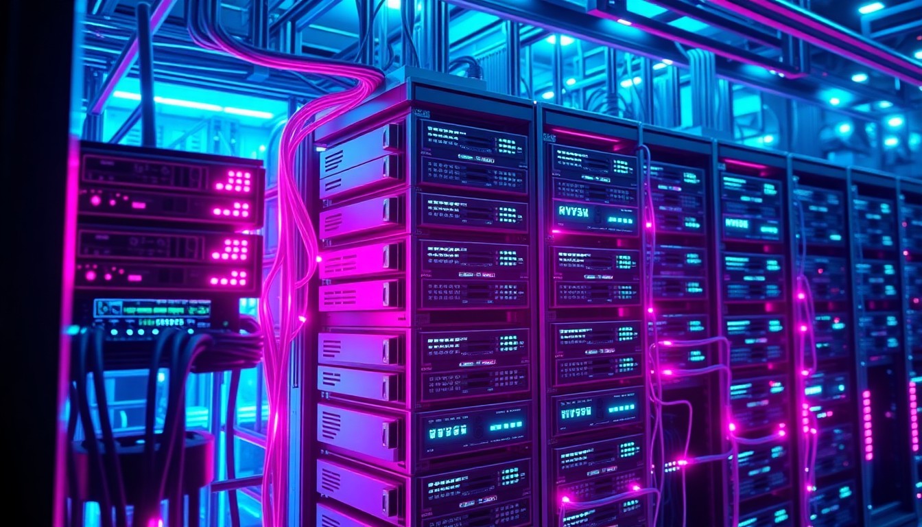 A highly detailed, glowing 3D illustration of a complex MySQL database server infrastructure, with neon cyan and magenta lights illuminating the various hardware components and data connections, conceptually representing the power and complexity of enterprise-grade database systems.