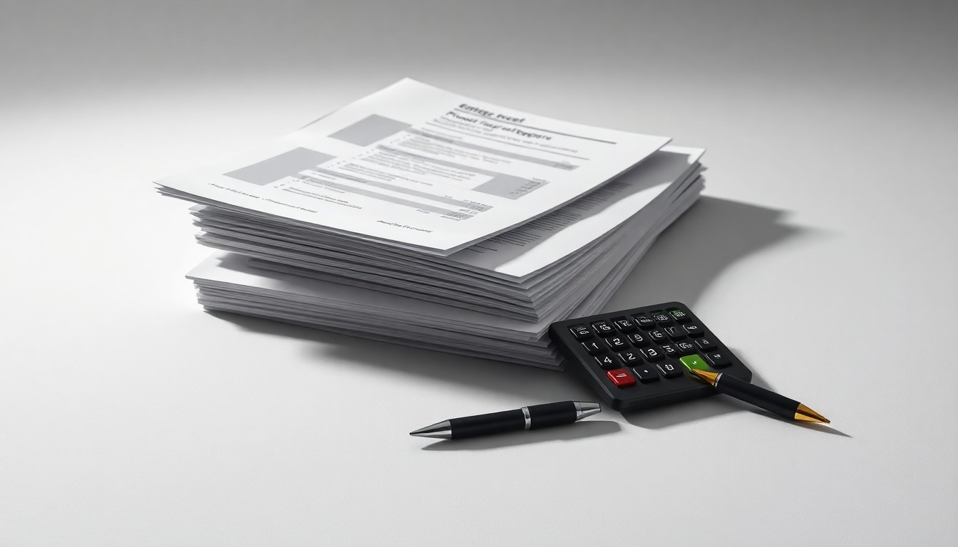 A minimalist studio still life photograph featuring a stack of financial reports, a calculator, and a pen arranged elegantly on a clean, monochromatic background, conceptually representing Tanger's corporate strategy and financial performance.
