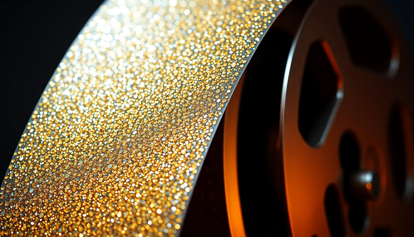 An abstract close-up photograph of shimmering, textured film reel stock in gold and silver hues, capturing the glamour and excitement of the upcoming IMAX film lineup.